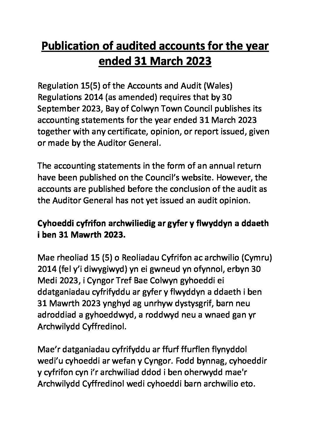 Publication of audited accounts for the year ended 31 March 2023 late notice.